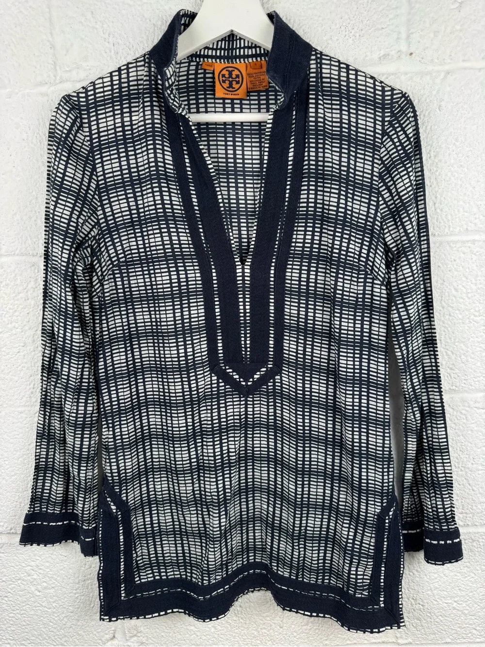 Tory Burch Navy & White Printed Cotton Tunic Blouse Size 2